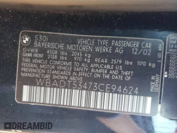 2003 BMW 5 Series 530i with VIN WBADT53473CE94624, listed as a Copart auction lot 73319524 with 171,535 mi miles and Salvage title. Bid and sale history available at DreamBid. Image 13.