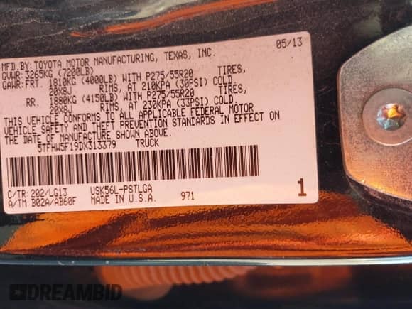 2013 Toyota Tundra Limited с VIN 5TFHW5F19DX313379, выставлен на аукционе IAAI как лот 42240976 с пробегом 164 558 миль миль и . История ставок и продаж доступна на DreamBid. Изображение 9.