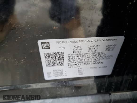 2022 Chevrolet Equinox Premier z VIN 2GNAXXEVXN6102246, wystawiony jako Copart lot #60555565 z przebiegiem 36 033 mil mil oraz Szkoda całkowita • Salvage title. Historia ofert i sprzedaży dostępna na DreamBid. Obrazek 13.