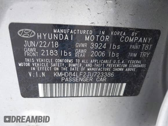 2018 Hyundai Elantra SEL with VIN KMHD84LF2JU723386, listed as a IAAI auction lot 43372518 with 73,005 mi miles and . Bid and sale history available at DreamBid. Image 9.