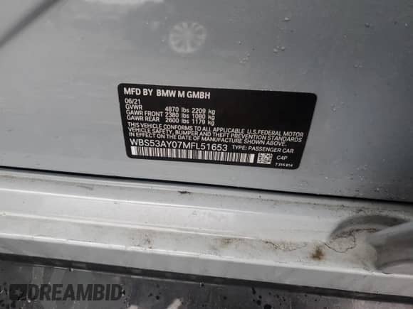 2021 BMW M3 с VIN WBS53AY07MFL51653, выставлен на аукционе Copart как лот 42637685 с пробегом Не указан миль и Списание • Salvage title. История ставок и продаж доступна на DreamBid. Изображение 13.