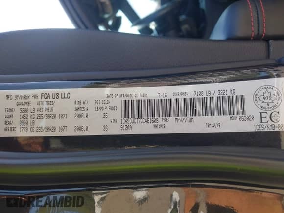 2016 Dodge Durango R/T z VIN 1C4SDJCT7GC481608, wystawiony jako IAAI lot #43265926 z przebiegiem 89 700 mil mil oraz . Historia ofert i sprzedaży dostępna na DreamBid. Obrazek 9.