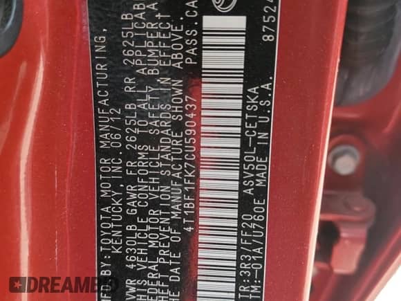 2012 Toyota Camry XLE с VIN 4T1BF1FK7CU590437, выставлен на аукционе Copart как лот 82156425 с пробегом 92 237 миль миль и Списание • Salvage title. История ставок и продаж доступна на DreamBid. Изображение 12.