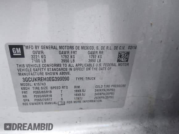 2014 Chevrolet Silverado 1500 LT with VIN 3GCUKREH0EG399090, listed as a IAAI auction lot 42142324 with 104,226 mi miles and . Bid and sale history available at DreamBid. Image 9.