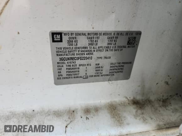 2015 Chevrolet Silverado 1500 LT with VIN 3GCUKREC0FG220410, listed as a Copart auction lot 66622305 with 132,002 mi miles and Salvage title. Bid and sale history available at DreamBid. Image 12.