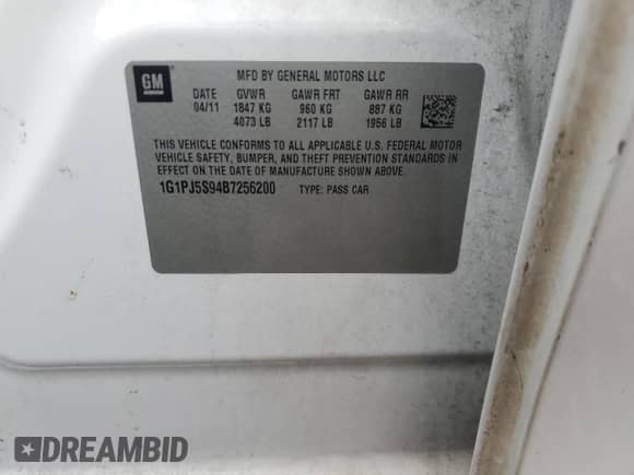 2011 Chevrolet Cruze ECO 1XF с VIN 1G1PJ5S94B7256200, выставлен на аукционе Copart как лот 69908585 с пробегом 152 770 миль миль и Списание • Salvage title. История ставок и продаж доступна на DreamBid. Изображение 12.