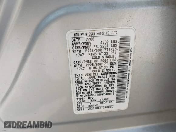 2009 Nissan Rogue S with VIN JN8AS58T89W040819, listed as a IAAI auction lot 42632563 with 104,571 mi miles and . Bid and sale history available at DreamBid. Image 9.