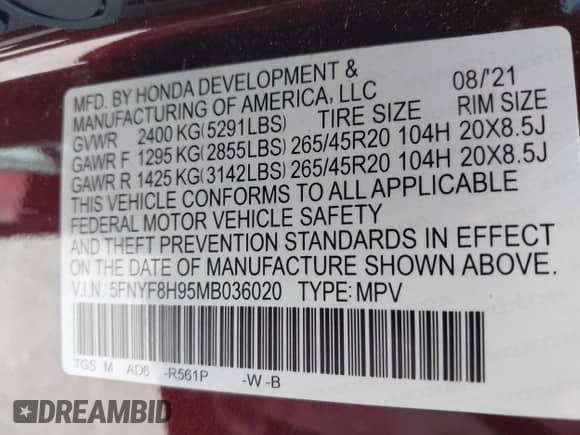 2021 Honda Passport Touring with VIN 5FNYF8H95MB036020, listed as a IAAI auction lot 42343633 with 74,778 mi miles and . Bid and sale history available at DreamBid. Image 9.