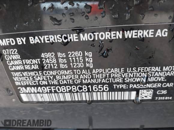 2023 BMW 3 Series M340i xDrive with VIN 3MW49FF08P8C81656, listed as a IAAI auction lot 41358929 with 23,154 mi miles and . Bid and sale history available at DreamBid. Image 9.