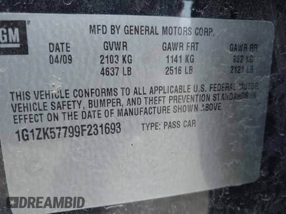 2009 Chevrolet Malibu LTZ with VIN 1G1ZK57799F231693, listed as a IAAI auction lot 42687084 with Not provided miles and . Bid and sale history available at DreamBid. Image 9.