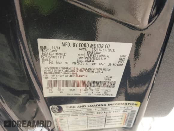 2014 Ford F-150 XL with VIN 1FTFW1CF4EKG45714, listed as a IAAI auction lot 43290605 with 236,766 mi miles and . Bid and sale history available at DreamBid. Image 9.