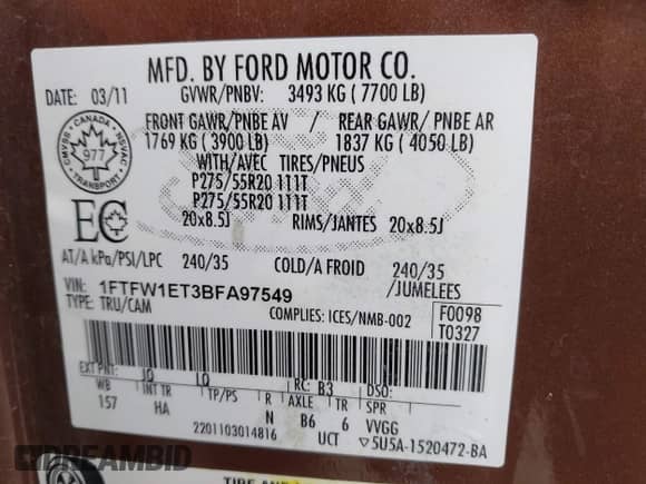 2011 Ford F-150 XLT z VIN 1FTFW1ET3BFA97549, wystawiony jako IAAI lot #42345418 z przebiegiem 189 105 mil mil oraz . Historia ofert i sprzedaży dostępna na DreamBid. Obrazek 9.