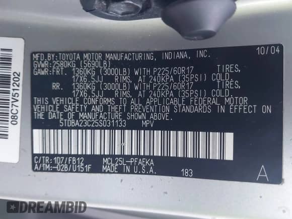 2005 Toyota Sienna LE with VIN 5TDBA23C25S031133, listed as a IAAI auction lot 43395031 with Not provided miles and . Bid and sale history available at DreamBid. Image 9.