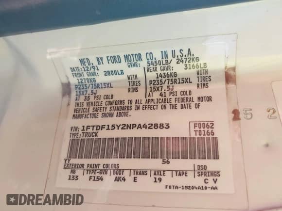 1992 Ford F-150 z VIN 1FTDF15Y2NPA42883, wystawiony jako IAAI lot #43447553 z przebiegiem 171 392 mil mil oraz . Historia ofert i sprzedaży dostępna na DreamBid. Obrazek 9.