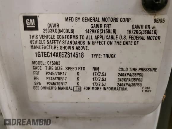 2005 GMC Sierra 1500 Work Truck с VIN 1GTEC14X05Z314518, выставлен на аукционе Copart как лот 58621345 с пробегом 93 070 миль миль и Чистый • Clean title. История ставок и продаж доступна на DreamBid. Изображение 12.