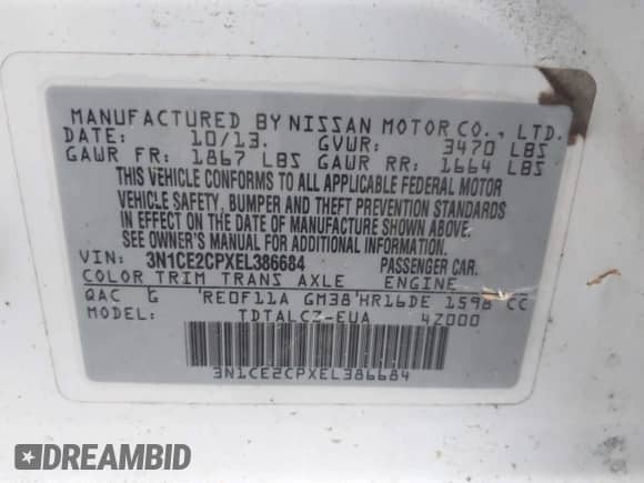 2014 Nissan Note SV с VIN 3N1CE2CPXEL386684, выставлен на аукционе IAAI как лот 42466780 с пробегом 92 780 миль миль и . История ставок и продаж доступна на DreamBid. Изображение 9.