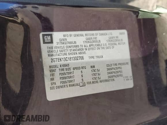 2008 GMC Sierra 1500 SL with VIN 2GTEK13C181332766, listed as a Copart auction lot 47301565 with 191,821 mi miles and Salvage title. Bid and sale history available at DreamBid. Image 12.