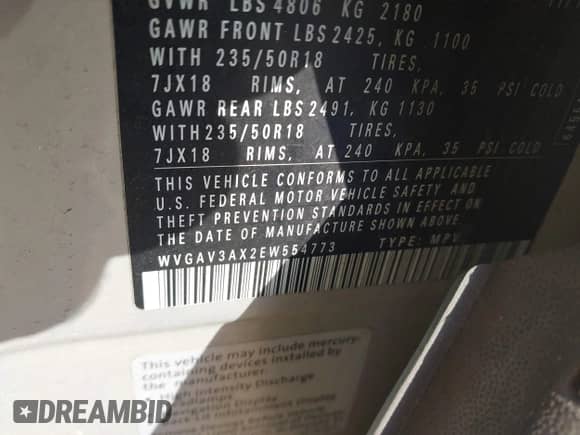 2014 Volkswagen Tiguan SEL with VIN WVGAV3AX2EW554773, listed as a IAAI auction lot 42547252 with 162,573 mi miles and . Bid and sale history available at DreamBid. Image 9.