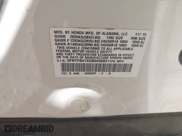 2016 Honda Pilot EX-L z VIN 5FNYF6H7XGB043603, wystawiony jako IAAI lot #43344995 z przebiegiem 211 226 mil mil oraz . Historia ofert i sprzedaży dostępna na DreamBid. Obrazek 9.