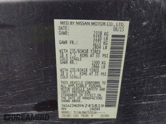 2015 Nissan Murano SV with VIN 5N1AZ2MG9FN245819, listed as a IAAI auction lot 43380320 with 210,260 mi miles and . Bid and sale history available at DreamBid. Image 9.