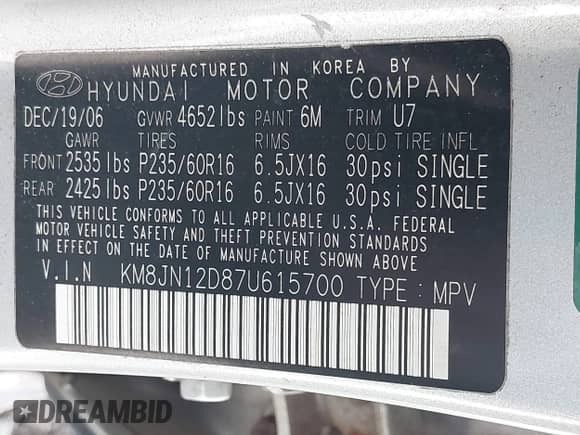 2007 Hyundai Tucson SE z VIN KM8JN12D87U615700, wystawiony jako IAAI lot #43101491 z przebiegiem 192 990 mil mil oraz . Historia ofert i sprzedaży dostępna na DreamBid. Obrazek 9.