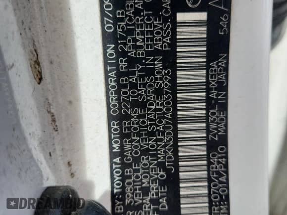 2010 Toyota Prius II z VIN JTDKN3DU7A0037993, wystawiony jako Copart lot #86872405 z przebiegiem Nie podano mil oraz Szkoda całkowita • Salvage title. Historia ofert i sprzedaży dostępna na DreamBid. Obrazek 12.