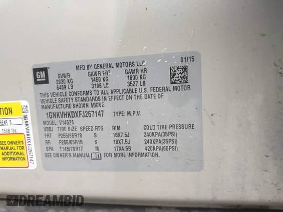 2015 Chevrolet Traverse LT с VIN 1GNKVHKDXFJ267147, выставлен на аукционе IAAI как лот 42623257 с пробегом 91 911 миль миль и . История ставок и продаж доступна на DreamBid. Изображение 9.