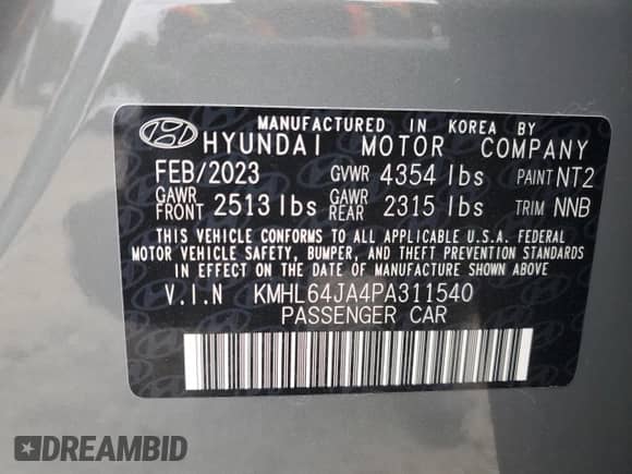 2023 Hyundai Sonata SEL с VIN KMHL64JA4PA311540, выставлен на аукционе Copart как лот 80010235 с пробегом 34 918 миль миль и Списание • Salvage title. История ставок и продаж доступна на DreamBid. Изображение 13.