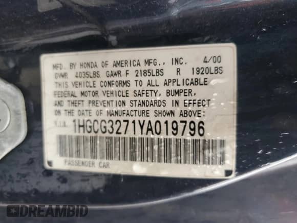 2000 Honda Accord EX with VIN 1HGCG3271YA019796, listed as a Copart auction lot 42428945 with 202,315 mi miles and Salvage title. Bid and sale history available at DreamBid. Image 14.