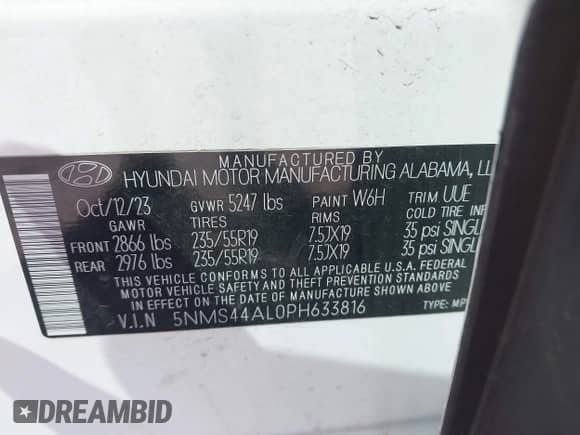 2023 Hyundai Santa Fe Limited with VIN 5NMS44AL0PH633816, listed as a IAAI auction lot 43324554 with 31,271 mi miles and . Bid and sale history available at DreamBid. Image 9.