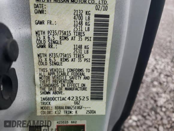 2010 Nissan Frontier SE with VIN 1N6BD0CT1AC423525, listed as a Copart auction lot 42622245 with 234,602 mi miles and Salvage title. Bid and sale history available at DreamBid. Image 12.