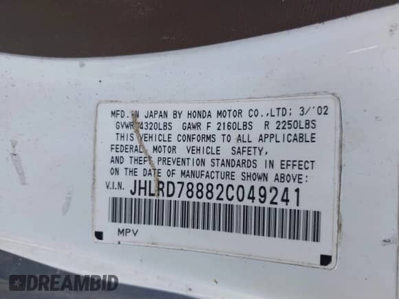 2002 Honda CR-V EX с VIN JHLRD78882C049241, выставлен на аукционе IAAI как лот 43552730 с пробегом 248 199 миль миль и . История ставок и продаж доступна на DreamBid. Изображение 9.