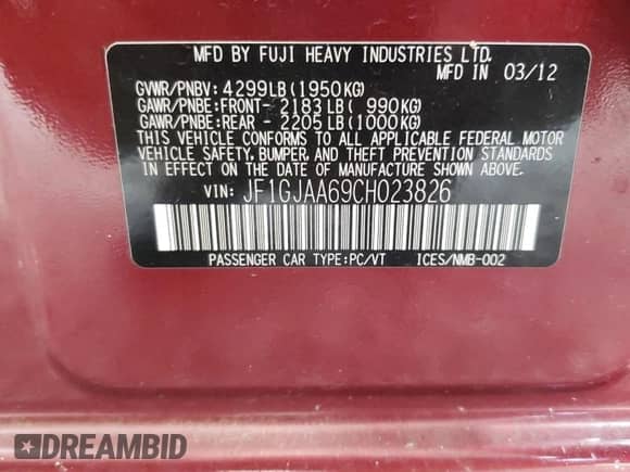 2012 Subaru Impreza 2.0i z VIN JF1GJAA69CH023826, wystawiony jako Copart lot #65430045 z przebiegiem 207 880 mil mil oraz Szkoda całkowita • Salvage title. Historia ofert i sprzedaży dostępna na DreamBid. Obrazek 12.