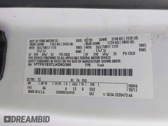 2020 Ford F-150 XL with VIN 1FTFX1E57LKD83380, listed as a IAAI auction lot 42482384 with 189,081 mi miles and . Bid and sale history available at DreamBid. Image 9.