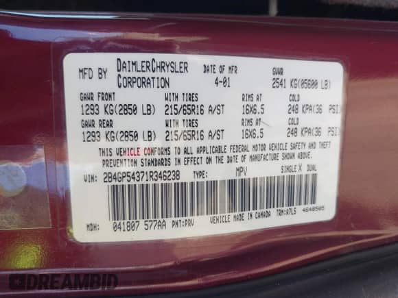 2001 Dodge Grand Caravan с VIN 2B4GP54371R346238, выставлен на аукционе IAAI как лот 42227070 с пробегом 299 056 миль миль и . История ставок и продаж доступна на DreamBid. Изображение 9.