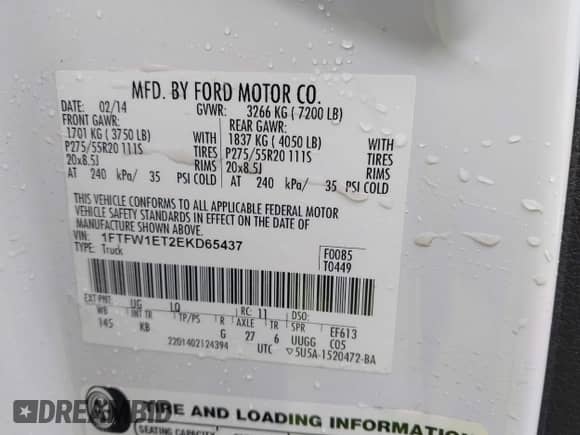 2014 Ford F-150 XL z VIN 1FTFW1ET2EKD65437, wystawiony jako IAAI lot #43013515 z przebiegiem 115 337 mil mil oraz . Historia ofert i sprzedaży dostępna na DreamBid. Obrazek 9.