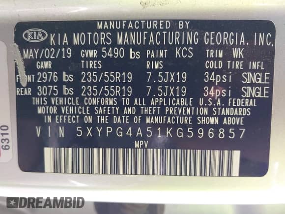 2019 Kia Sorento LX with VIN 5XYPG4A51KG596857, listed as a IAAI auction lot 42292864 with 117,189 mi miles and . Bid and sale history available at DreamBid. Image 9.