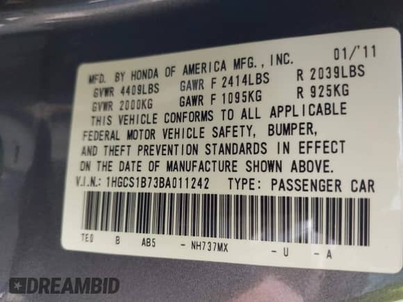 2011 Honda Accord EX with VIN 1HGCS1B73BA011242, listed as a IAAI auction lot 41855128 with 135,817 mi miles and . Bid and sale history available at DreamBid. Image 9.