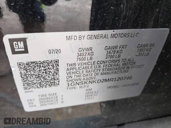 2021 Chevrolet Tahoe LT z VIN 1GNSKNKD2MR120746, wystawiony jako IAAI lot #42348341 z przebiegiem 85 070 mil mil oraz . Historia ofert i sprzedaży dostępna na DreamBid. Obrazek 9.