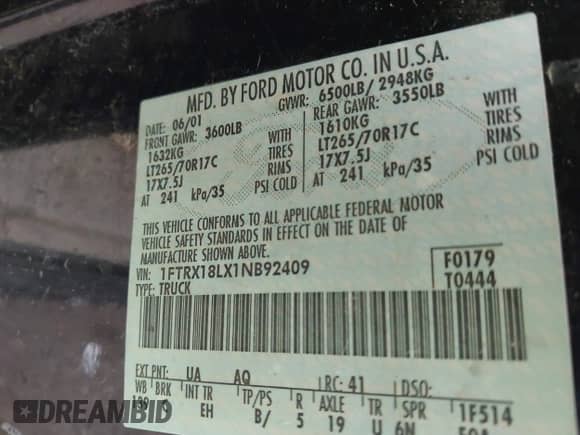 2001 Ford F-150 XL с VIN 1FTRX18LX1NB92409, выставлен на аукционе IAAI как лот 43277710 с пробегом 199 063 миль миль и . История ставок и продаж доступна на DreamBid. Изображение 9.