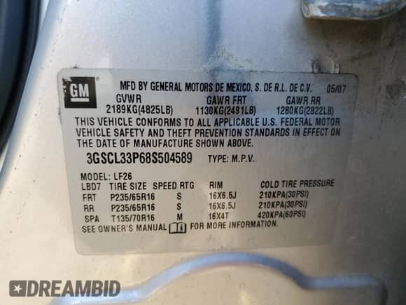 2008 Saturn VUE XE with VIN 3GSCL33P68S504589, listed as a Copart auction lot 82423814 with 138,022 mi miles and Salvage title. Bid and sale history available at DreamBid. Image 13.
