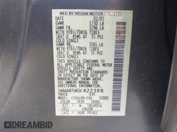 2005 Nissan Frontier SE с VIN 1N6AD07U65C422388, выставлен на аукционе IAAI как лот 42948520 с пробегом 131 182 миль миль и . История ставок и продаж доступна на DreamBid. Изображение 9.