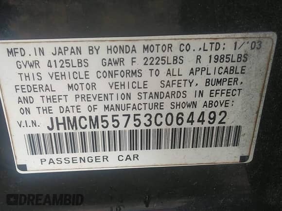 2003 Honda Accord with VIN JHMCM55753C064492, listed as a IAAI auction lot 42213710 with 285,298 mi miles and . Bid and sale history available at DreamBid. Image 9.