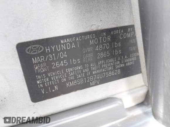 2004 Hyundai Santa Fe с VIN KM8SB12B74U758628, выставлен на аукционе IAAI как лот 42638412 с пробегом 220 474 миль миль и . История ставок и продаж доступна на DreamBid. Изображение 9.