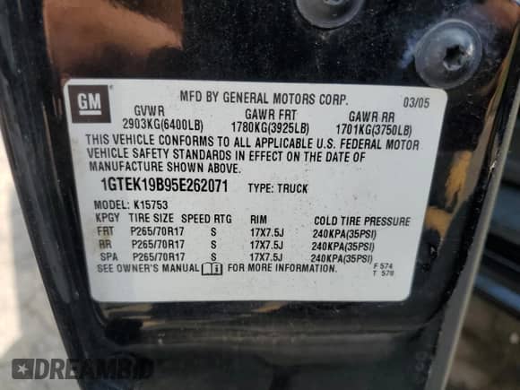 2005 GMC Sierra 1500 SLE with VIN 1GTEK19B95E262071, listed as a Copart auction lot 62107165 with 162,835 mi miles and Clean title. Bid and sale history available at DreamBid. Image 12.
