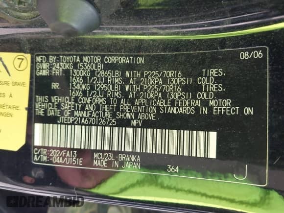 2007 Toyota Highlander w/3rd Row z VIN JTEDP21A670126725, wystawiony jako IAAI lot #42909101 z przebiegiem 35 296 mil mil oraz . Historia ofert i sprzedaży dostępna na DreamBid. Obrazek 9.