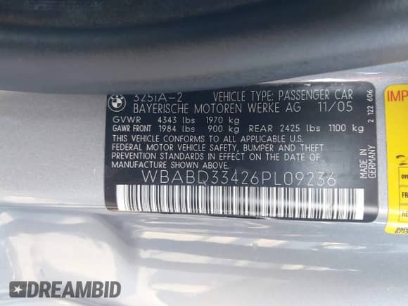 2006 BMW 3 Series 325Ci с VIN WBABD33426PL09236, выставлен на аукционе IAAI как лот 43455540 с пробегом 230 268 миль миль и . История ставок и продаж доступна на DreamBid. Изображение 9.