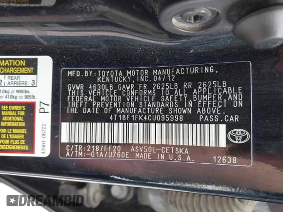 2012 Toyota Camry SE с VIN 4T1BF1FK4CU095998, выставлен на аукционе IAAI как лот 42723793 с пробегом 136 432 миль миль и . История ставок и продаж доступна на DreamBid. Изображение 9.