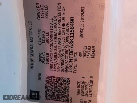 2019 Chevrolet Colorado 4WD Work Truck z VIN 1GCHTBEA3K1156490, wystawiony jako Copart lot #69405655 z przebiegiem 90 363 mil mil oraz Szkoda całkowita • Salvage title. Historia ofert i sprzedaży dostępna na DreamBid. Obrazek 12.