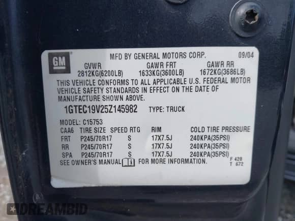 2005 GMC Sierra 1500 SLE с VIN 1GTEC19V25Z145982, выставлен на аукционе IAAI как лот 42734496 с пробегом 169 456 миль миль и . История ставок и продаж доступна на DreamBid. Изображение 9.